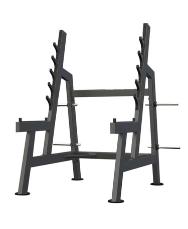 DHZ Fitness Squat Rack - U3050 with multiple bar catches, an inclined design, and wear covers on the Olympic bars.